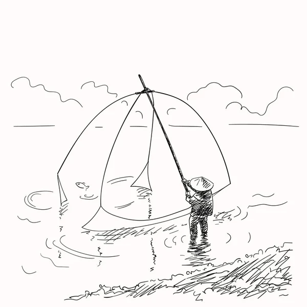 網を持ち上げることによる人間釣りのベクトルスケッチ ラオス 手描きイラスト — ストックベクタ