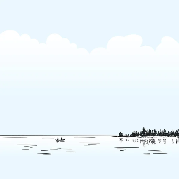 Esboço Lago Calmo Com Casal Barco Longe Água Floresta Com — Vetor de Stock