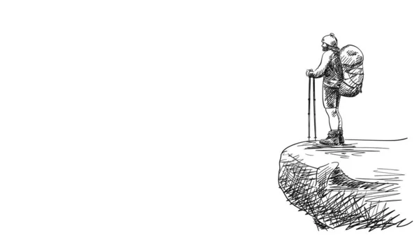 山の崖の上に大きなバックパックを持つハイカーのスケッチ 手描きベクトルイラスト — ストックベクタ