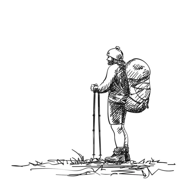 Esboço Homem Trekking Com Mochila Grande Ilustração Vetorial Desenhada Mão —  Vetores de Stock