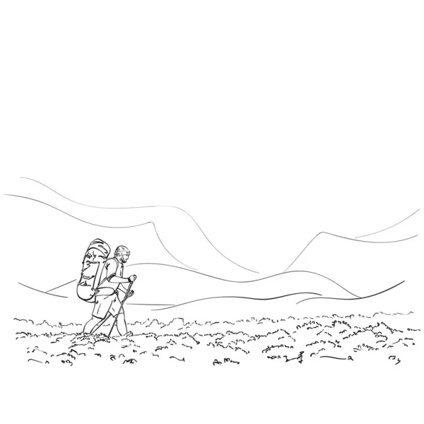 Skica Člověka Trekking Velkým Batohem Horské Krajině Ručně Kreslené Vektorové — Stockový vektor