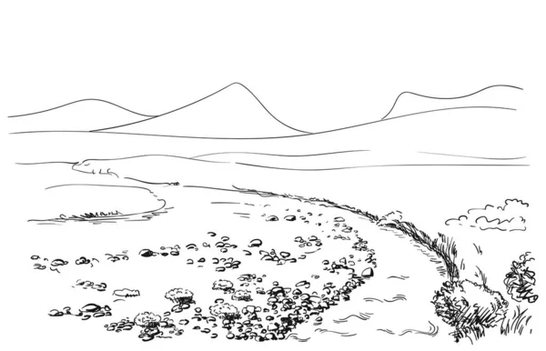 Esquisse Paysage Montagne Avec Petite Rivière Illustration Dessinée Main — Image vectorielle