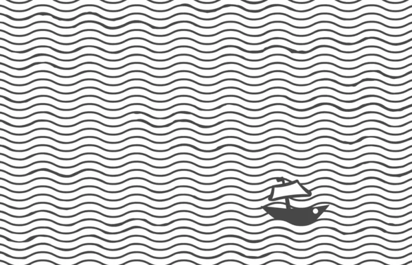 Эскиз Крошечной Лодки Океане Полосатый Волнистый Фон Черно Белые Векторные — стоковый вектор