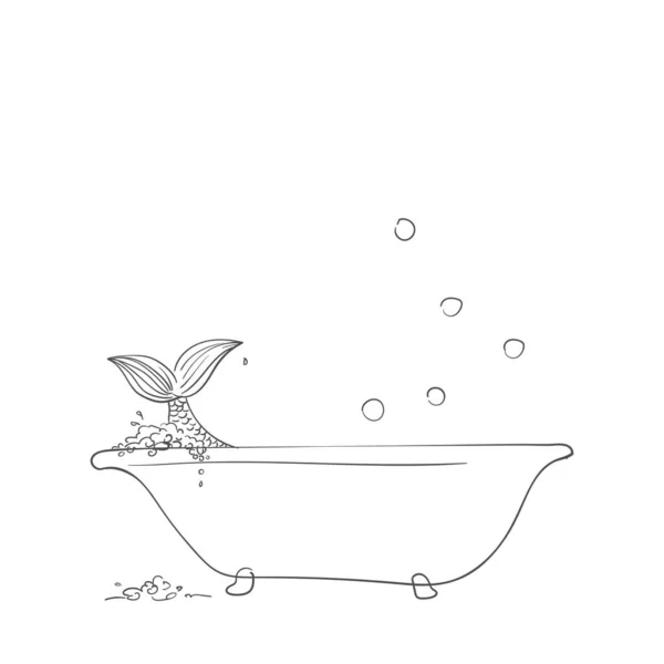 Sketch Mermaid Bathtub Hand Drawn Vector Illustration — Stock Vector