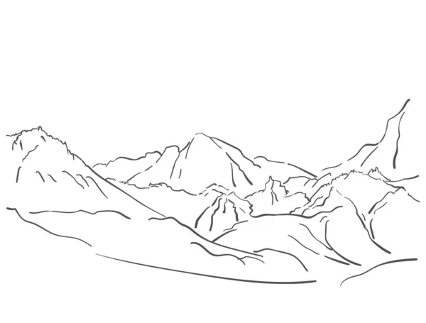 Croquis Linéaire Paysage Montagne Illustration Vectorielle Dessinée Main — Image vectorielle