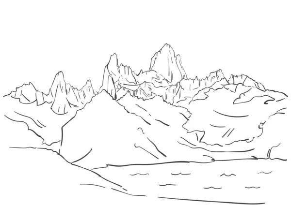 Sketsa Linear Dari Fitz Roy Gunung Massif Patagonia Tangan Gambar - Stok Vektor