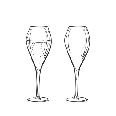 Boş ve dolu lale şampanyası cam taşıyıcısı izole edildi. Beyaz üzerine el çizimi siyah çizgi, Alkol içeceği cam karalama.