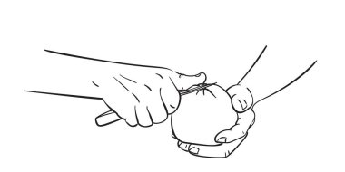 Eller turuncuyu bıçakla soyar, vektör çizimi yapar, beyaz arka planda el çizimi siyah mürekkep çizimi yapar. Yemek pişirme ve mutfak konsepti