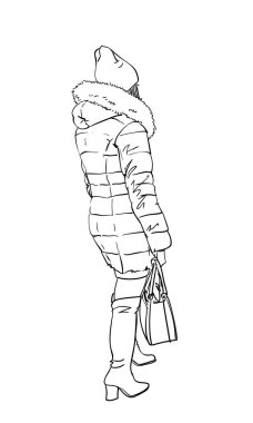 Kışın kalın elbiseli, kapüşonlu, şapkalı, yüksek topuklu çizmeli, arkadan görünüşlü bir kadın. Çizim vektörü çizimi El çizimi resim çizimi