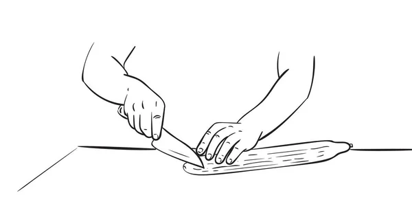 まな板にナイフでキュウリを切る手を閉じる ベクトル図面 白の背景に手描きイラスト黒インクスケッチ 料理の基本的なナイフのスキル — ストックベクタ