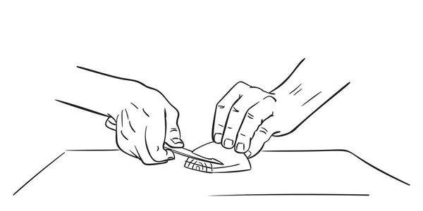 Ellerinizi Kapatın Soğanı Doğrama Tahtasında Bıçakla Doğrayın Vektör Çizimi Beyaz — Stok Vektör