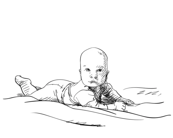 小男孩躺在床上 抬起头来 饶有兴趣地向前看 病媒画图 手绘插图 白纸上的黑墨水草图 — 图库矢量图片