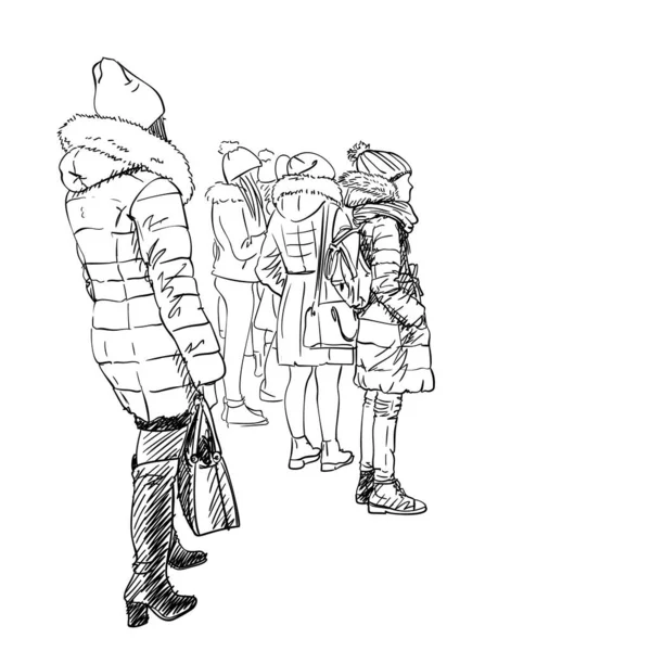 Dziewczyny Ciepłych Zimowych Ubraniach Płaszczach Kapeluszach Stojące Czekające Kobieta Wysokich — Wektor stockowy