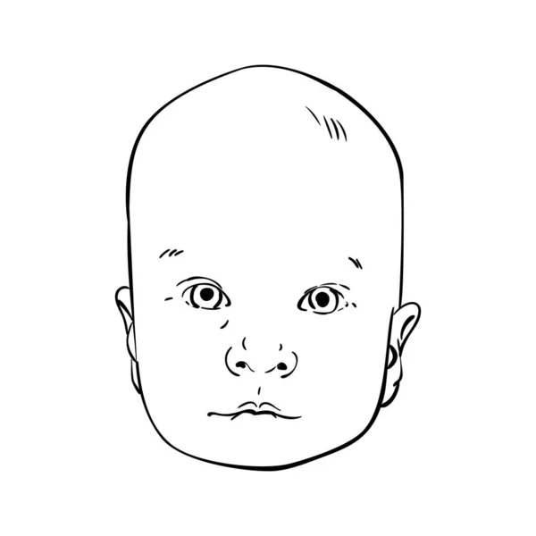 赤ちゃんの男の子の頭を孤立ベクトル描画 愛らしい幼児の肖像画をまっすぐ静かに見て 手描きイラスト 白地に黒ペンのスケッチ — ストックベクタ