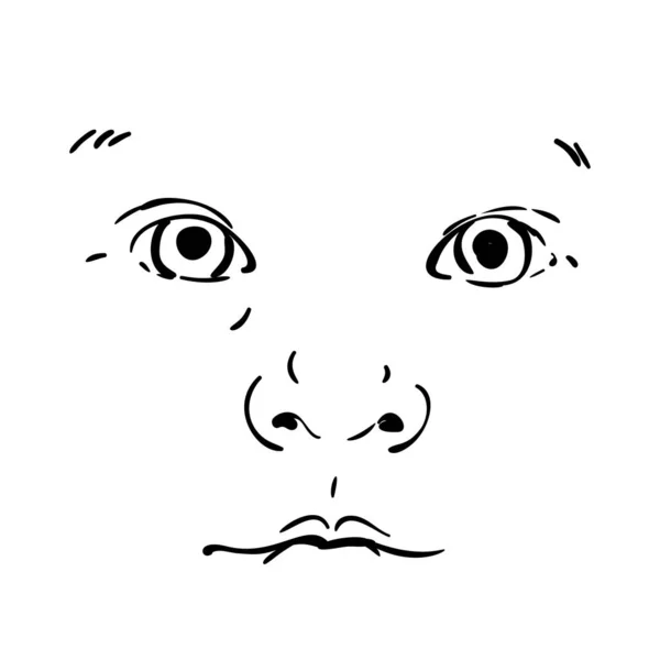 赤ちゃんの顔の孤立ベクトル図面 まっすぐ見て愛らしい幼児の肖像画 手描きイラスト 白地に黒ペンのスケッチ — ストックベクタ