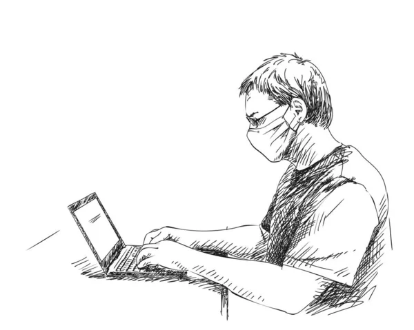 Esboço Homem Com Máscara Facial Médica Trabalhar Com Computador Ilustração — Vetor de Stock