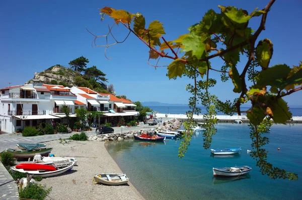 希腊萨莫斯岛科卡里 2018年5月15日 科卡里村海湾 Kokkari Village Bay 拥有小船和绿色葡萄藤 是爱琴海萨莫斯岛最受欢迎的旅游胜地 — 图库照片