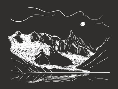 Ay gecesinde Cerro Torre dağ kütlesi ve Patagonya 'daki Lagoon Torre' nin lineer çizimi, siyah arkaplan üzerine beyaz vektör çizimleri çizdi.