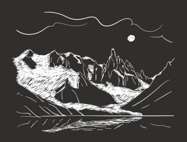Linear sketch of Cerro Torre mountain massif and Lagoon Torre in Patagonia in moon night, Hand drawn vector illustration white lines on black background clipart