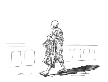 Elinde telefonuyla dışarıda yürüyen yürüyen yürüyen bir Budist keşiş çizimi. El çizimi vektör çizimi.