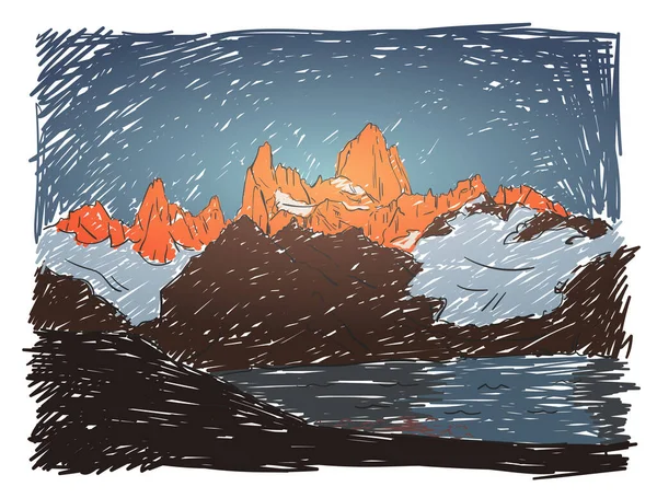 Sketch Fitz Roy Mountain Massif Sunrise Laguna Los Tres Hand — стоковий вектор