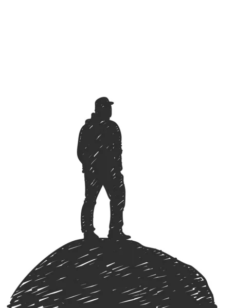 大きな丸い岩の上に立つ男の手描きシルエット ベクトルスケッチ — ストックベクタ