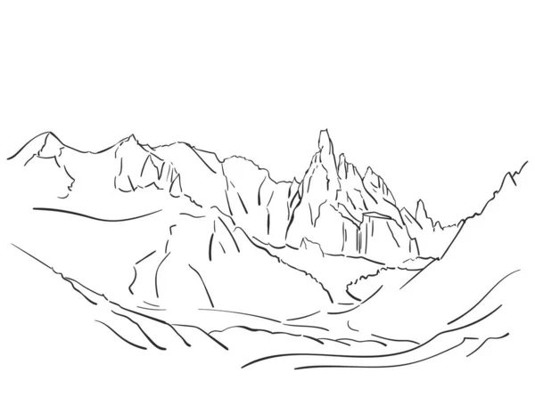 Sketsa Linear Dari Gunung Cerro Torre Massif Patagonia Gambar Tangan - Stok Vektor