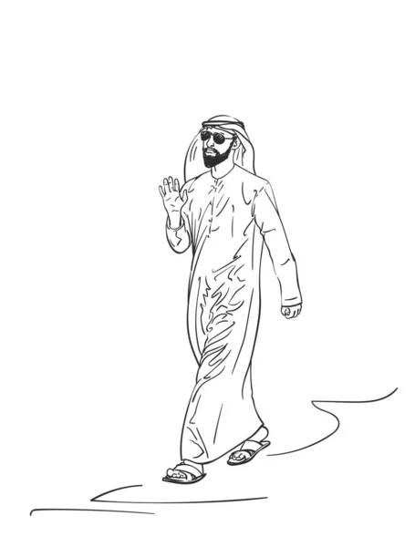 Skiss Muslim Arabiska Mannen Traditionella Kläder Hand Ritad Vektor Linjär — Stock vektor