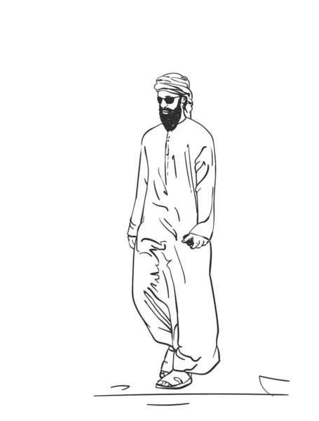 Croquis Homme Arabique Musulman Vêtements Traditionnels Illustration Linéaire Vectorielle Dessinée — Image vectorielle