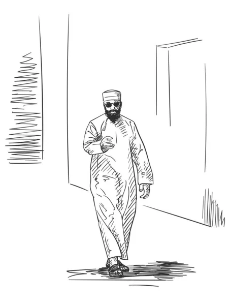 Geleneksel Giysiler Içinde Dışarıda Yürüyen Müslüman Bir Adamın Robot Resmi — Stok Vektör