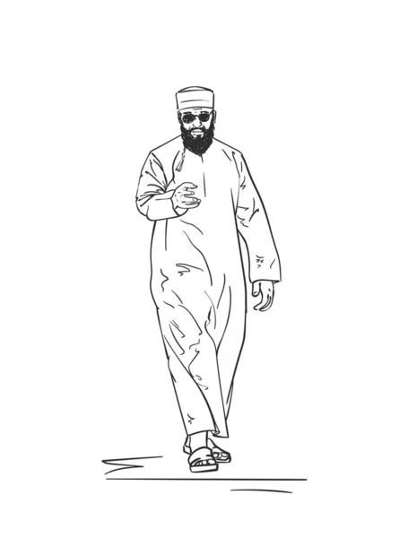 Bosquejo Del Hombre Árabe Musulmán Ropa Tradicional Ilustración Lineal Vectorial — Archivo Imágenes Vectoriales