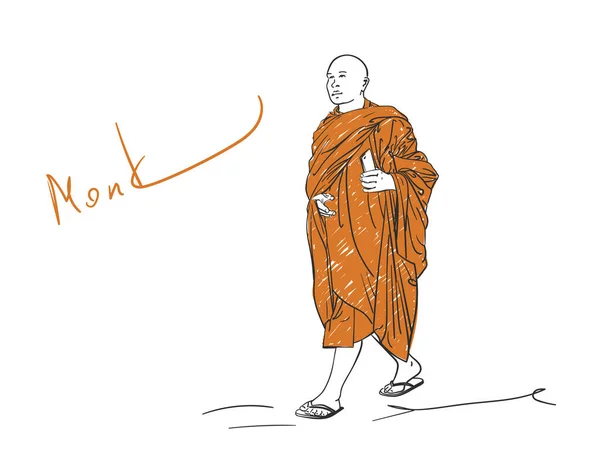 Croquis Coloré Moine Bouddhiste Ambulant Avec Téléphone Intelligent Main Illustration — Image vectorielle
