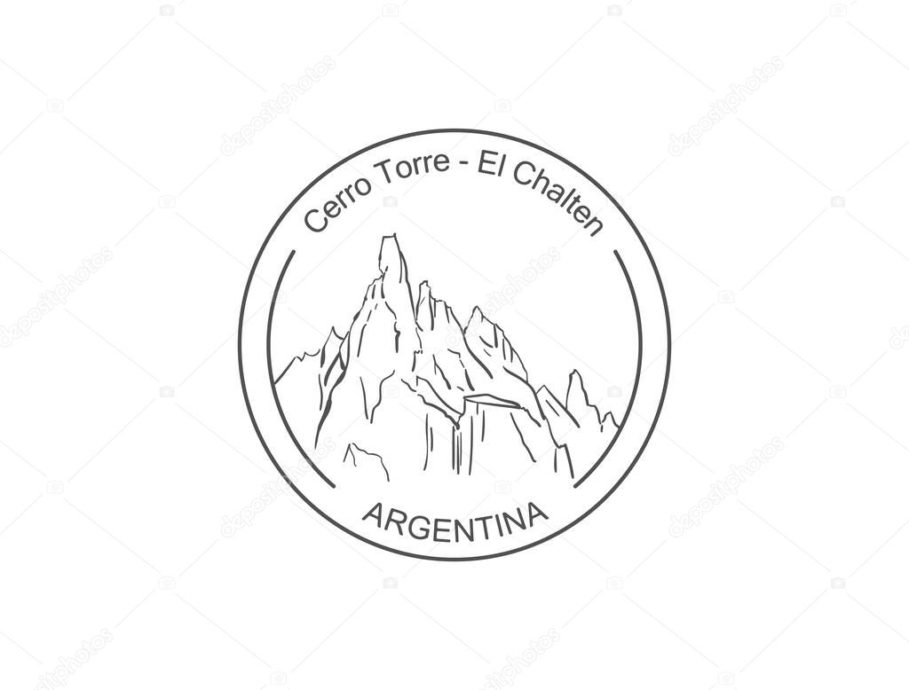 Cerro Torre mountain in Patagonia, Round stamp logo sticker template. Hand drawn vector sketch