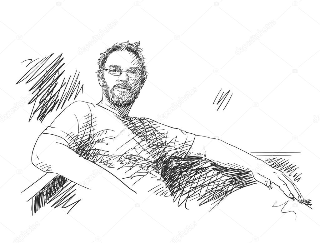 Unshaven man wearing eyeglasses, with shaggy hair and with satisfied enlightened look relaxing on sofa, Hand drawn vector sketch