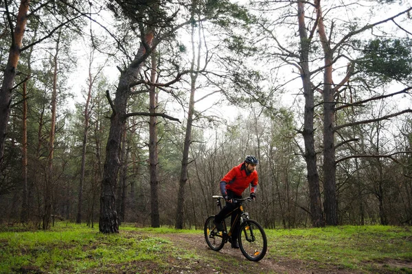 Radfahrer Auf Dem Mountainbike Nebel Auf Dem Weg Den Schönen — Stockfoto