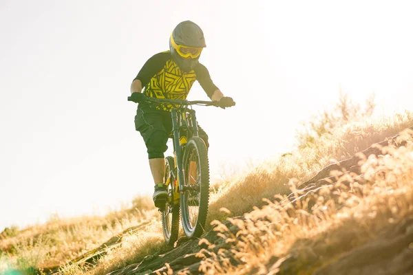 Professional Cyclist Riding Downhill Mountain Bike Summer Rocky Trail Evening — Stock Photo, Image