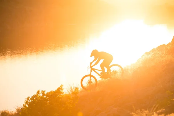 Professional Cyclist Riding Downhill Mountain Bike Summer Rocky Trail Sunset — Stock Photo, Image