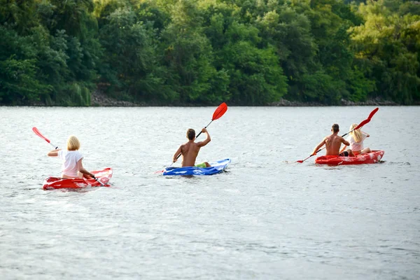 Friends Paddling Kayaks Beautiful River Lake Evening — Stock Photo, Image