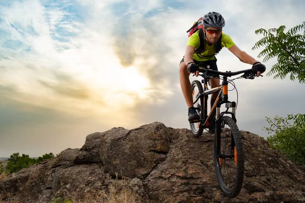 Cyclist Riding Bike Autumn Rocky Trail Sunset Extreme Sport Enduro — Stock Photo, Image
