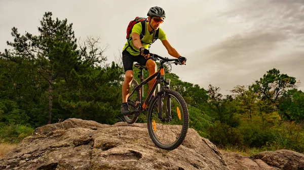 Cyclist Riding Bike Autumn Rocky Trail Sunset Extreme Sport Enduro — Stock Photo, Image