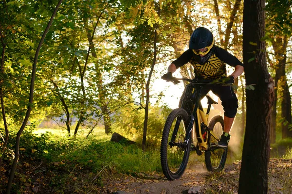 プロのサイクリストは、マウンテン バイクに乗って秋の林道。極端なスポーツやエンデューロ自転車コンセプト. — ストック写真
