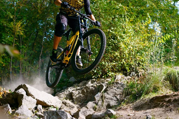 Radprofi mit dem Mountainbike auf herbstlichem Waldweg unterwegs. Extremsport und Enduro-Konzept. — Stockfoto