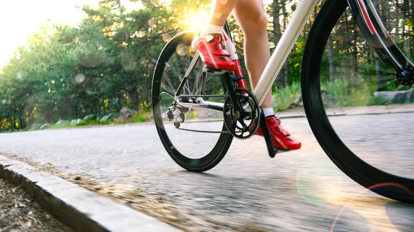Молода жінка велосипедиста їзда Road велосипеді по вільній дорозі в лісі в спекотний літній день. Концепція здорового способу життя. — стокове фото