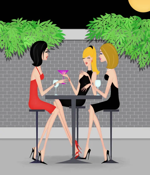 Three Chic Friends Having Cocktails Outdoors Moonlight — Stock Photo, Image