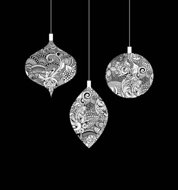 Üç Noel süsler karmaşık satır iş beyaz çizim siyah mürekkep