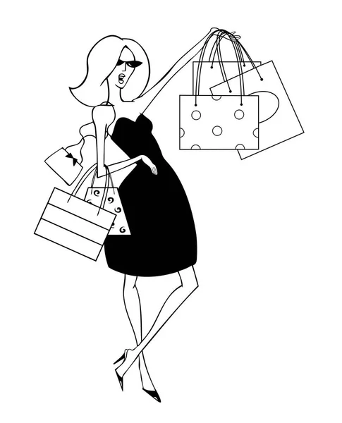 ショッピング バッグと太陽のドレスでシックな若いブロンドの女性のファッションのイラスト — ストック写真