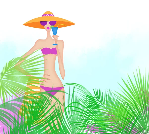 Hübsche Junge Frau Bikini Zwischen Tropischen Palmenblättern Und Rosa Blüten — Stockfoto