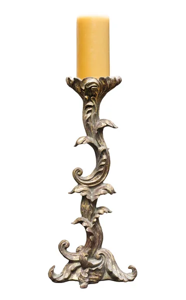 Ornate Baroque Golden Candlestick Tan Pillar Candle Isolated White Stock Picture