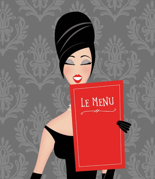 Retro Mode Illustration Elegant Kvinna Läser Meny Restaurang Med Damast — Stockfoto