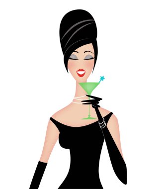 Bir kokteyl sahip şık bir kadın retro moda çizimi 